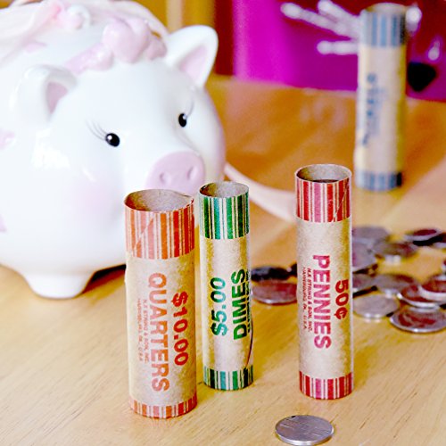 250 Coin Wrappers - Assorted Sizes - 100 Quarters, 50 Pennies, 50 Nickels and 50 Dimes - Made in USA - Durable Preformed Paper Tubes