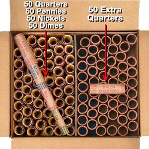 250 Coin Wrappers - Assorted Sizes - 100 Quarters, 50 Pennies, 50 Nickels and 50 Dimes - Made in USA - Durable Preformed Paper Tubes