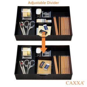 CAXXA 3 Slot Drawer Organizer with Two Adjustable Dividers - Junk Drawer Storage for Office Desk Supplies and Accessories, Black (1 Pack)