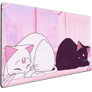 desk pad pink anime white cat black cat gaming mouse pad large, desk office decor exclusive beautiful girls mouse pad for women desktop with stitched edges non-slip rubber computer mat 31.5×15.7 in