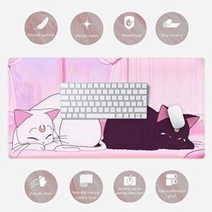 Desk Pad Pink Anime White Cat Black Cat Gaming Mouse Pad Large, Desk Office Decor Exclusive Beautiful Girls Mouse Pad for Women Desktop with Stitched Edges Non-Slip Rubber Computer Mat 31.5x15.7 in