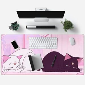 Desk Pad Pink Anime White Cat Black Cat Gaming Mouse Pad Large, Desk Office Decor Exclusive Beautiful Girls Mouse Pad for Women Desktop with Stitched Edges Non-Slip Rubber Computer Mat 31.5x15.7 in