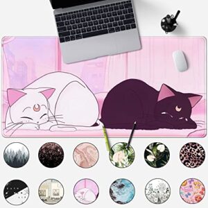 Desk Pad Pink Anime White Cat Black Cat Gaming Mouse Pad Large, Desk Office Decor Exclusive Beautiful Girls Mouse Pad for Women Desktop with Stitched Edges Non-Slip Rubber Computer Mat 31.5x15.7 in