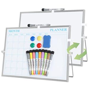 white board, jorking dry erase calendar 16”x12” magnetic desktop whiteboard with stand, monthly whiteboard for wall portable double-sided dry erase board for kitchen, office, school, gift idea, silver