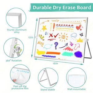 White Board, Jorking Dry Erase Calendar 16”x12” Magnetic Desktop Whiteboard with Stand, Monthly whiteboard for Wall Portable Double-Sided Dry Erase Board for Kitchen, Office, School, Gift idea, Silver