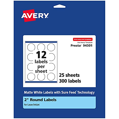 Avery Matte White Round Labels with Sure Feed, 2" diameter, 300 Matte White Printable Labels