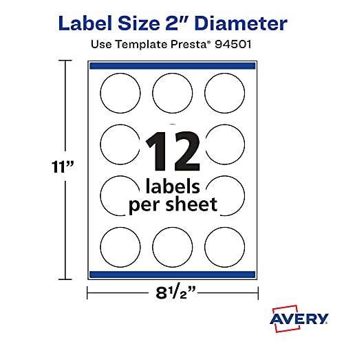 Avery Matte White Round Labels with Sure Feed, 2" diameter, 300 Matte White Printable Labels