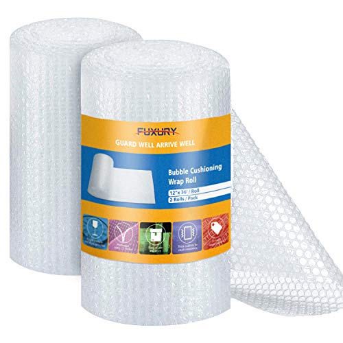 2-Pack Bubble Cushion Wrap Roll, Fuxury 12 Inch x 72 Feet Total Air Bubble Cushioning Wrap, Perforated Every 12", Included 20 Fragile Sticker Labels for Packaging Moving Shipping Boxes Supplies