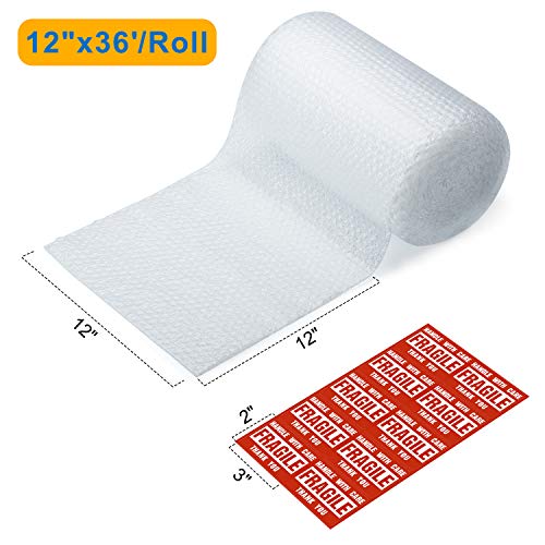 2-Pack Bubble Cushion Wrap Roll, Fuxury 12 Inch x 72 Feet Total Air Bubble Cushioning Wrap, Perforated Every 12", Included 20 Fragile Sticker Labels for Packaging Moving Shipping Boxes Supplies