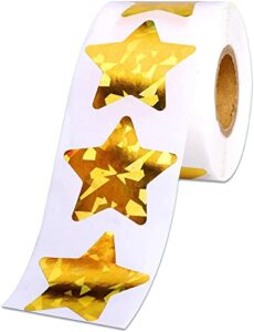 1.5″ large holographic gold star stickers for kids reward, 500 pcs foil star metallic stickers roll for behavior chart, student planner and school classroom teacher supplies
