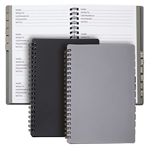 Juvale 2 Pack Spiral Password Notebook with Alphabetical Tabs, Internet Address Keeper Logbooks, Grey/Black (6x7 In)