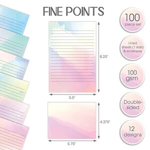 Mini Stationery Set, 100 Piece Set (50 Lined Watercolor Sheets + 50 Matching Envelopes), 5.5 x 8.25 inch, 12 Unique Designs, Double Sided Printing, One Side Lined Paper, by Better Office Products