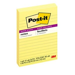 Post-it Super Sticky Notes, 4x6 in, 4 Pads, 2x the Sticking Power, Canary Yellow, Recyclable (4621-SSCY)