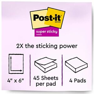 Post-it Super Sticky Notes, 4x6 in, 4 Pads, 2x the Sticking Power, Canary Yellow, Recyclable (4621-SSCY)