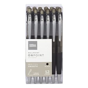 office depot soft-grip retractable ballpoint pens, medium point, 1.0 mm, black barrel, black ink, pack of 12