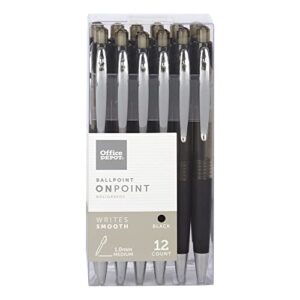 Office Depot Soft-Grip Retractable Ballpoint Pens, Medium Point, 1.0 mm, Black Barrel, Black Ink, Pack Of 12