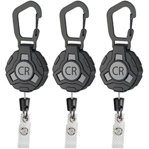 3-pack heavy duty retractable keychain with 32” steel extender cord – id badge holder reels, badges holders , carabiner keychains, tactical key rings, reel clip for card, 8.6oz (black)