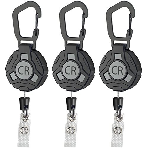 3-Pack Heavy Duty Retractable Keychain with 32” Steel Extender Cord - ID Badge Holder Reels, Badges Holders , Carabiner Keychains, Tactical Key Rings, Reel Clip for Card, 8.6Oz (Black)