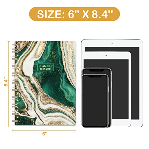 Planner 2023-2024 - 2023-2024 Academic Planner with Tabs, July 2023 - June 2024, 6.3" x 8.4", Academic Weekly and Monthly Planner 2023-2024 with Back Pocket + Thick Paper + Twin-Wire Binding - Green Gliding
