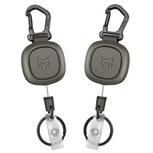 mngarista 2 pack heavy duty retractable keychain, metal carabiner badge reel with work id badge clip, 31.5” steel retracted cord, 8.0 oz strain-resisting, military green