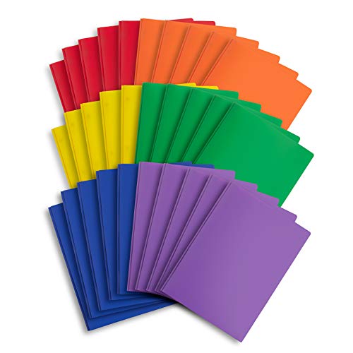 Blue Summit Supplies 30 Plastic Two Pocket Folders with Prongs, Assorted Color, Durable Poly 2 Pocket Folders with Clasps, Letter Size with Business Card Slot, Bulk 30 Pack