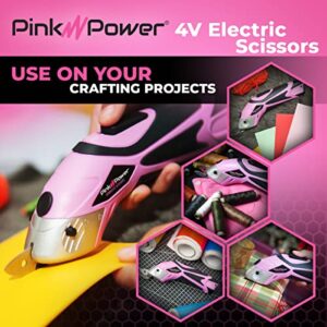 Pink Power Electric Fabric Scissors Box Cutter for Crafts, Sewing, Cardboard, Carpet, & Scrapbooking - Heavy Duty Professional Shears Cutting Tool - Automatic Cordless Electric Scissors Fabric Cutter