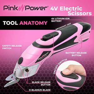 Pink Power Electric Fabric Scissors Box Cutter for Crafts, Sewing, Cardboard, Carpet, & Scrapbooking - Heavy Duty Professional Shears Cutting Tool - Automatic Cordless Electric Scissors Fabric Cutter