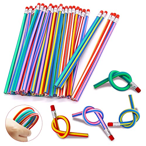 Qyyiguf 40 Pcs 7 Inch Flexible Pencils,Soft Novelty Pencil,Multi Colored Striped Soft Pencil with Eraser for Valentine's Day,Children Kids Gift School Fun Equipment