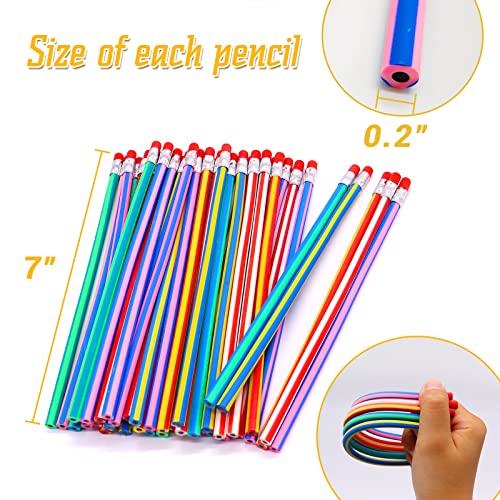 Qyyiguf 40 Pcs 7 Inch Flexible Pencils,Soft Novelty Pencil,Multi Colored Striped Soft Pencil with Eraser for Valentine's Day,Children Kids Gift School Fun Equipment