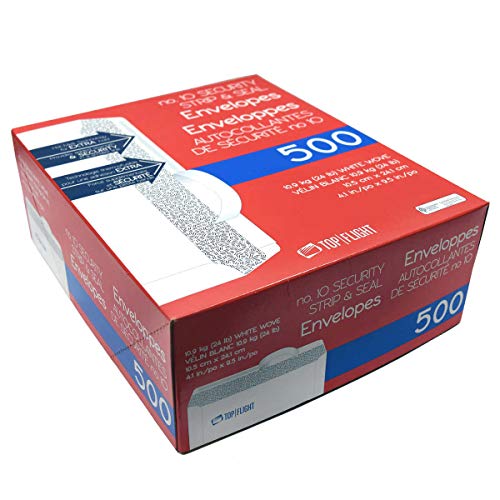 Top Flight PSTF10NWT #10 Envelopes, Strip & Seal, Security Tinted, White Paper, 24 lb, 500 Count