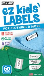ez kids clothing labels self-stick no-iron write-on | great for children & adults | washer & dryer safe | school, camp, nursing care, toys, organizing, all purpose | 1 sheet of 60 blank labels