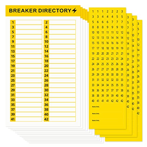 16 Sheets Breaker Panel Labels Electrical Box Sticker Numbers Breaker Panel Labels Electrical Sticker Number Catalog Load Center Adhesive Waterproof Reusable（Yellow）