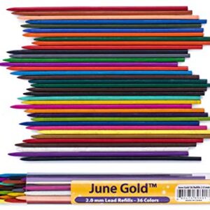 June Gold 36 Assorted Colored 2.0 mm Lead Refills, Bold & 90 mm Length, 36 Unique Colors, Pre-Sharpened, Break & Smudge Resistant