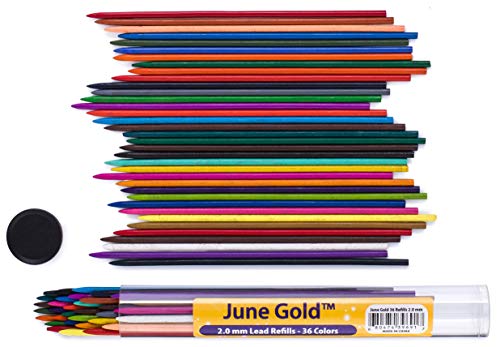 June Gold 36 Assorted Colored 2.0 mm Lead Refills, Bold & 90 mm Length, 36 Unique Colors, Pre-Sharpened, Break & Smudge Resistant