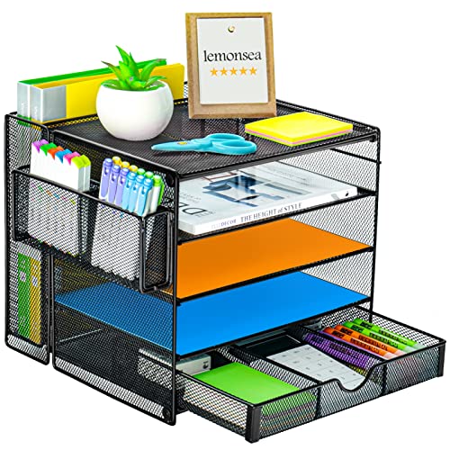 Lemonsea Desk Organizers, 5-Tier Paper Organizer Letter Tray with File Holder, Mesh Desktop File Organizer with Pen Holder and Drawer, School Office Supplies Organization, Black