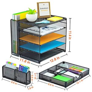 Lemonsea Desk Organizers, 5-Tier Paper Organizer Letter Tray with File Holder, Mesh Desktop File Organizer with Pen Holder and Drawer, School Office Supplies Organization, Black