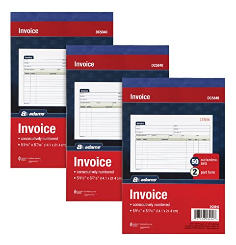 Adams Invoice Book 3 Pack, 2 Part Carbonless Invoices, Horizontal Sales Slip, 5-9/16 x 8-7/16 Inches, 50 Sets per Book (DC5840-3)