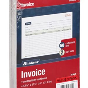 Adams Invoice Book 3 Pack, 2 Part Carbonless Invoices, Horizontal Sales Slip, 5-9/16 x 8-7/16 Inches, 50 Sets per Book (DC5840-3)