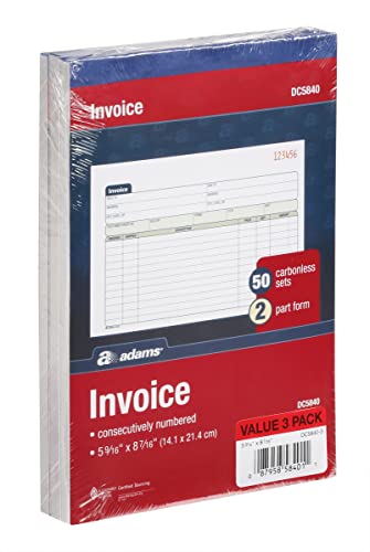 Adams Invoice Book 3 Pack, 2 Part Carbonless Invoices, Horizontal Sales Slip, 5-9/16 x 8-7/16 Inches, 50 Sets per Book (DC5840-3)