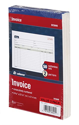 Adams Invoice Book 3 Pack, 2 Part Carbonless Invoices, Horizontal Sales Slip, 5-9/16 x 8-7/16 Inches, 50 Sets per Book (DC5840-3)