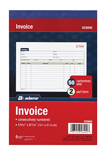 Adams Invoice Book 3 Pack, 2 Part Carbonless Invoices, Horizontal Sales Slip, 5-9/16 x 8-7/16 Inches, 50 Sets per Book (DC5840-3)