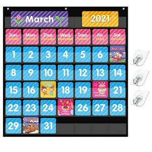 regeleto black calendar pocket chart for classroom with 85 cards and 3 hooks, monthly calendar and weather pocket chart for kids learning for home or kindergarten (25” x 24”)