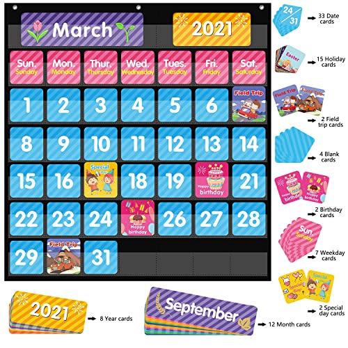 REGELETO Black Calendar Pocket Chart for Classroom with 85 Cards and 3 Hooks, Monthly Calendar and Weather Pocket Chart for Kids Learning for Home or Kindergarten (25” X 24”)