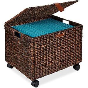 Best Choice Products Water Hyacinth Rolling Filing Cabinet, Woven Mobile Storage Basket, Portable File Organizer for Legal & Letter Size Memos w/Lid, 4 Locking Wheels - Brown