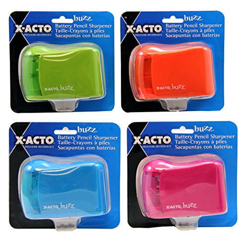 X-ACTO 2012685 Buzz Battery Pencil Sharpener, Assorted Colors, Safety Shut-off When Receptacle is Removed, Steel Razor Cutter, Color May Vary