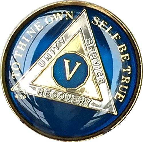 5 Year Midnight Blue AA Alcoholics Anonymous Medallion Chip Tri Plate Gold & Nickel Plated Serenity Prayer