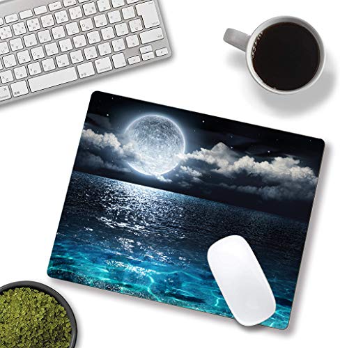 Ocean and Moon Mouse Pad, Moon Illuminating The Clear Blue Ocean Design Mouse Pad, Mouse Mat Square Waterproof Mouse Pad Non-Slip Rubber Base MousePads for Computer Laptop Men Women Kids