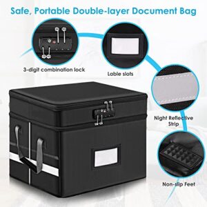 Fireproof Document Box with Lock, File Organizer 2-Layer Collapsible File Safe with Reflective Strip, Portable Travel Home Office File Cabinet for Hanging Letter/Legal Size Folder/Certificate Black