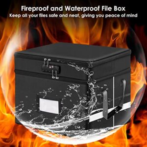 Fireproof Document Box with Lock, File Organizer 2-Layer Collapsible File Safe with Reflective Strip, Portable Travel Home Office File Cabinet for Hanging Letter/Legal Size Folder/Certificate Black