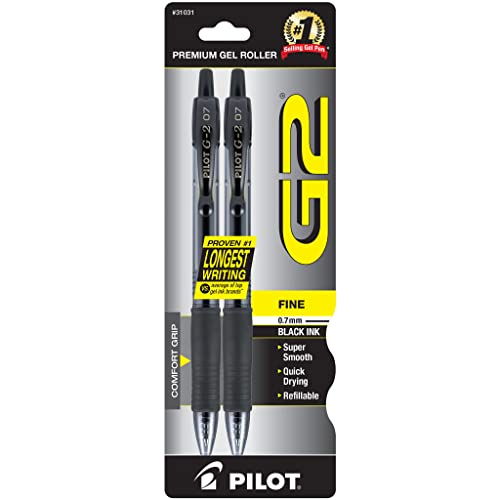 PILOT G2 Premium Refillable & Retractable Rolling Ball Gel Pens, Fine Point, Black Ink, 2-Pack (31031)